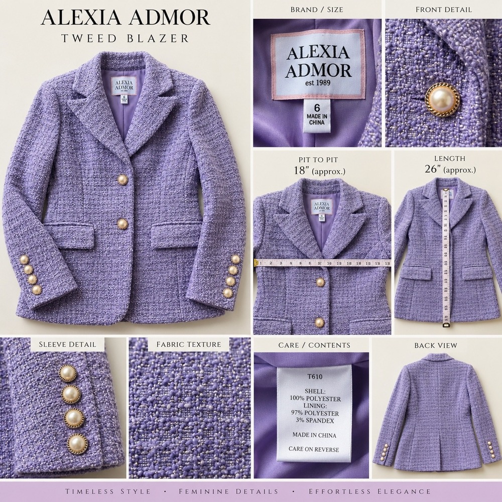 Alexia Admor Blazer Womens 6 Lavender Purple Tweed Pearl Button Boucle Jacket